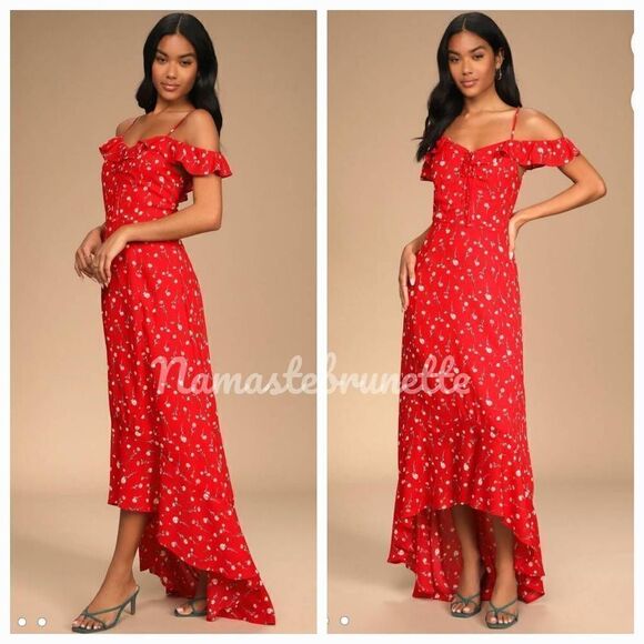 Nwt Lulu's Boho Red Floral Off-the-Shoulder Maxi Dress - Picture 2 of 15